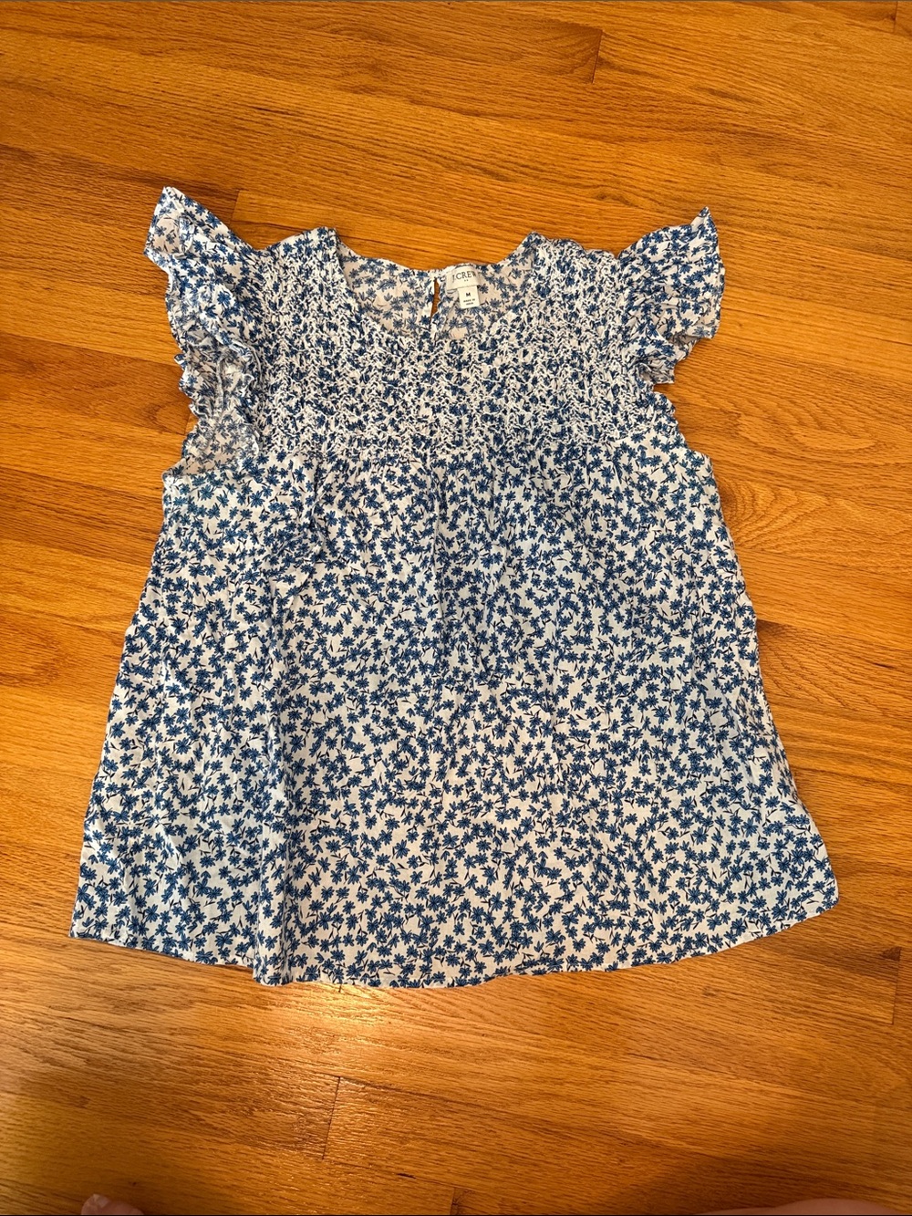 J. Crew Factory White and Blue Floral Smocked Flutter Sleeve Blouse